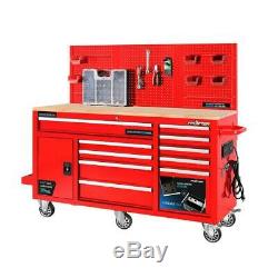 10 Drawer Tool Chest Cabinet Pegboard Back Wall Heavy Duty Mobile Workbench Red