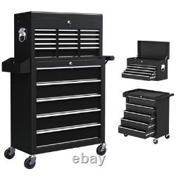 14 Drawer Rolling Tool Chest Lockable Steel Tool Cabinet Trolley Garage Black
