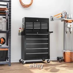 14 Drawer Rolling Tool Chest Lockable Steel Tool Cabinet Trolley Garage Black