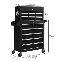 14 Drawer Rolling Tool Chest Lockable Steel Tool Cabinet Trolley Garage Black
