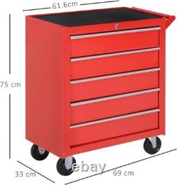 5 Drawer Lockable Tool Cabinet Red Alloy Steel Storage Wheels/Home Office
