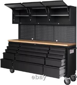 72 Black Steel 15 Drawer Tool Chest with Wooden Top, 3 Cabinets