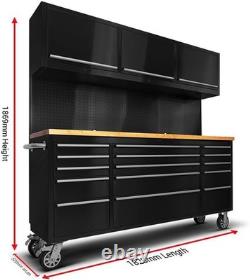 72 Black Steel 15 Drawer Tool Chest with Wooden Top, 3 Cabinets