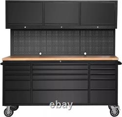 72 Black Steel 15 Drawer Tool Chest with Wooden Top, 3 Cabinets