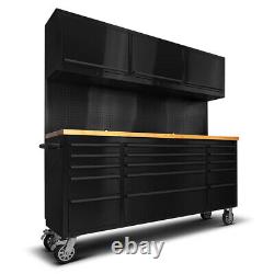 72 Black Steel 15 Drawer Tool Chest with Wooden Top, 3 Cabinets & Peg Board