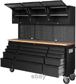 72 Black Steel 15 Drawer Tool Chest with Wooden Top, 3 Cabinets & Peg Board