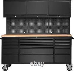 72 Black Steel 15 Drawer Tool Chest with Wooden Top, 3 Cabinets & Peg Board