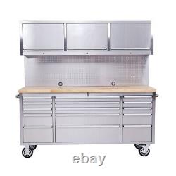 72 Stainless Steel 15 Drawer Tool Chest, Wooden Top, 3 Cabinets & Peg Board