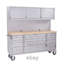 72 Stainless Steel 15 Drawer Tool Chest, Wooden Top, 3 Cabinets & Peg Board