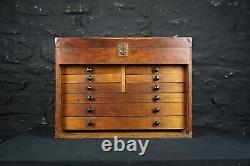 Antique Engineers Tool Cabinet / Chest with 9 Oak Drawers and Hinged Lid