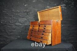 Antique Engineers Tool Cabinet / Chest with 9 Oak Drawers and Hinged Lid