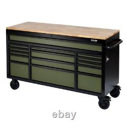 BUNKER Green Roller Tool Cabinet 15 Drawer Workbench 61 Wood Top Draper 10368