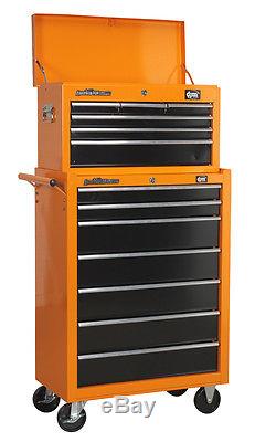 DJM Pro 6 Drawer Top Tool Storage Box Chest & 7 D Roller Cabinet Roll Cab Orange