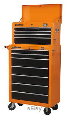 DJM Pro 6 Drawer Top Tool Storage Box Chest & 7 D Roller Cabinet Roll Cab Orange