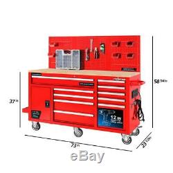 Frontier Tool Chest Cabinet 62 in. 10-Drawer Mobile Workbench Pegboard Back Red