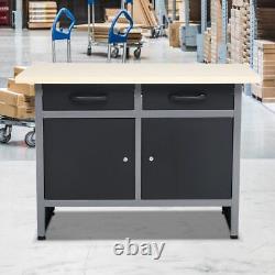 Garage Workbench Cabinet 2 Drawers 2 Doors Workshop Tool Storage Cupboard Black