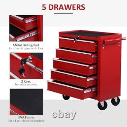 HOMCOM 5 Drawer Lockable Steel Tool Chest on Wheels Rolling Cabinet Red