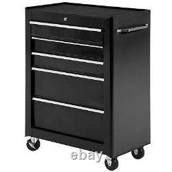 HOMCOM 5-Drawer Lockable Steel Tool Storage Cabinet Wheels Handle 2 Keys Black