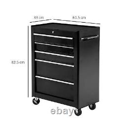 HOMCOM 5-Drawer Lockable Steel Tool Storage Cabinet Wheels Handle 2 Keys Black