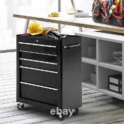 HOMCOM 5-Drawer Lockable Steel Tool Storage Cabinet Wheels Handle 2 Keys Black