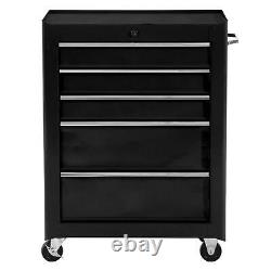 HOMCOM 5-Drawer Lockable Steel Tool Storage Cabinet Wheels Handle 2 Keys Black