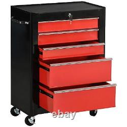 HOMCOM 5-Drawer Lockable Steel Tool Storage Cabinet Wheels Handle 2 Keys Red