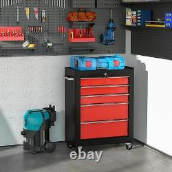 HOMCOM 5-Drawer Lockable Steel Tool Storage Cabinet Wheels Handle 2 Keys Red