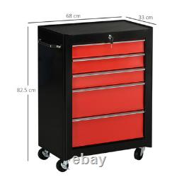 HOMCOM 5-Drawer Lockable Steel Tool Storage Cabinet Wheels Handle 2 Keys Red