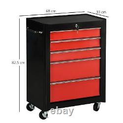 HOMCOM 5-Drawer Lockable Steel Tool Storage Cabinet Wheels Handle 2 Keys Red