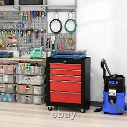 HOMCOM 5-Drawer Lockable Steel Tool Storage Cabinet Wheels Handle 2 Keys Red