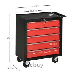 HOMCOM 5-Drawer Tool Chest Steel Lockable Tool Storage Cabinet with Wheels Red