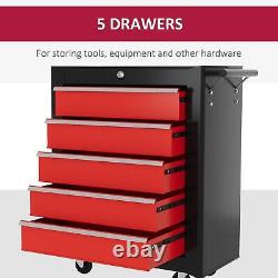 HOMCOM 5-Drawer Tool Chest Steel Lockable Tool Storage Cabinet with Wheels Red