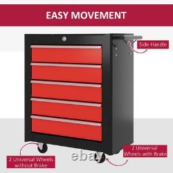 HOMCOM 5-Drawer Tool Chest Steel Lockable Tool Storage Cabinet with Wheels Red