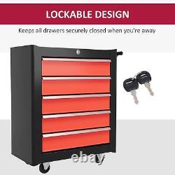 HOMCOM 5-Drawer Tool Chest Steel Lockable Tool Storage Cabinet with Wheels Red