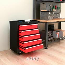 HOMCOM 5-Drawer Tool Chest Steel Lockable Tool Storage Cabinet with Wheels Red