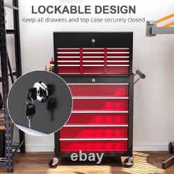 HOMCOM Rolling Tool Chest Lockable Roller Cabinet with with 14 Drawers Red