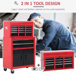 HOMCOM Tool Chest, Metal Tool Cabinet on Wheels with 6 Drawers, Pegboard, Top
