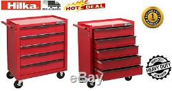 Hilka Tool Chest Trolley 5 Drawer Red Metal Mobile Roll Wheels Cabinet Storage