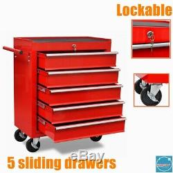 Lockable Mechanics Tool Trolley Storage Cabinet 5 Drawer Workshop Chest Box Red