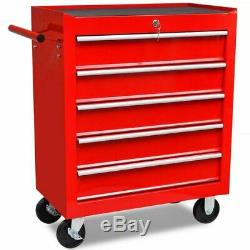 Lockable Mechanics Tool Trolley Storage Cabinet 5 Drawer Workshop Chest Box Red