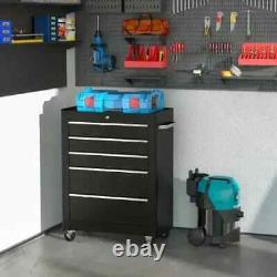 Lockable Steel Tool Storage Cabinet 5 Drawer (3 Small 2 Large) Wheels BLACK