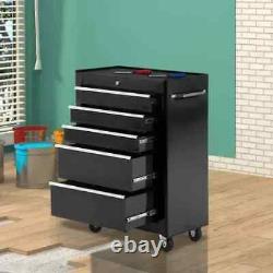 Lockable Steel Tool Storage Cabinet 5 Drawer (3 Small 2 Large) Wheels BLACK