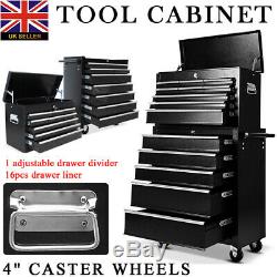 Mechanic Trolley Tool Box Cabinet with 16 Drawers Side Handles 4 Castors Black