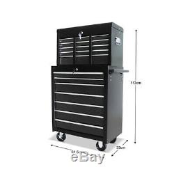 Mechanic Trolley Tool Box Cabinet with 16 Drawers Side Handles 4 Castors Black