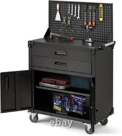 Metal Garage Workbench with Pegboard & Drawers Lockable Tool Storage on Wheels