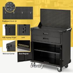 Metal Garage Workbench with Pegboard & Drawers Lockable Tool Storage on Wheels