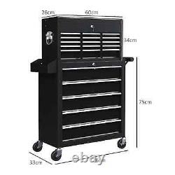 Metal Lockable Roller Cabinet with 14 Drawers Rolling Tool Chest Black