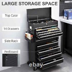 Metal Lockable Roller Cabinet with 14 Drawers Rolling Tool Chest Black