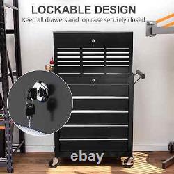 Metal Lockable Roller Cabinet with 14 Drawers Rolling Tool Chest Black