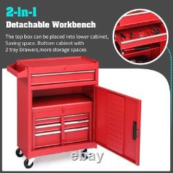 Metal Tool Cabinet Storage Box Chest With 4 Drawers Portable With Wheels RED
